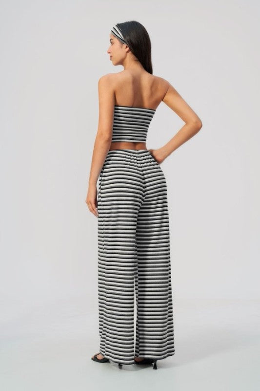 Rib Knit Bandeau Top & Wide Leg Pants Set