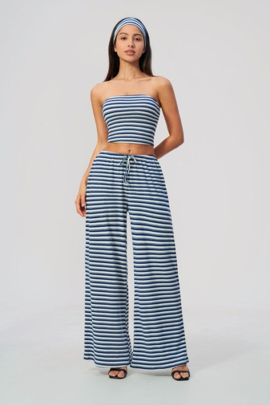 Rib Knit Bandeau Top & Wide Leg Pants Set