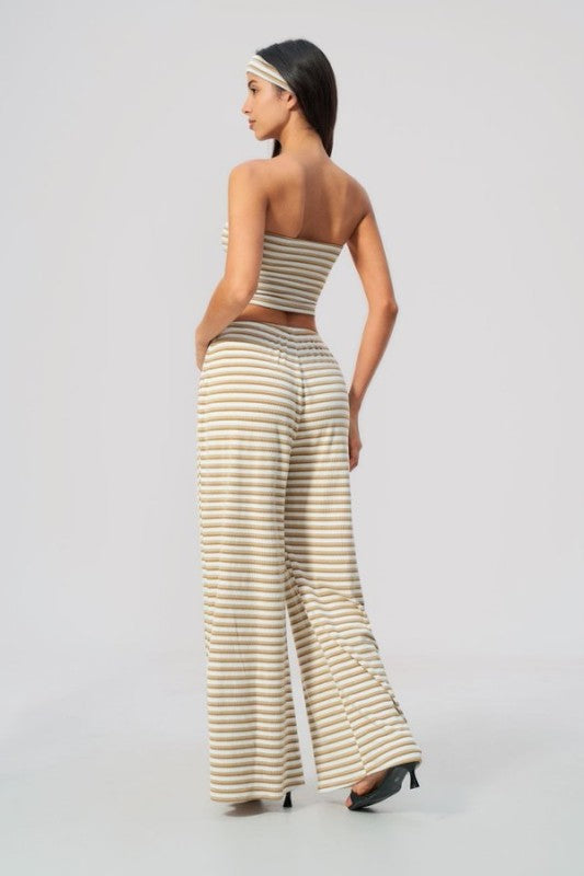 Rib Knit Bandeau Top & Wide Leg Pants Set