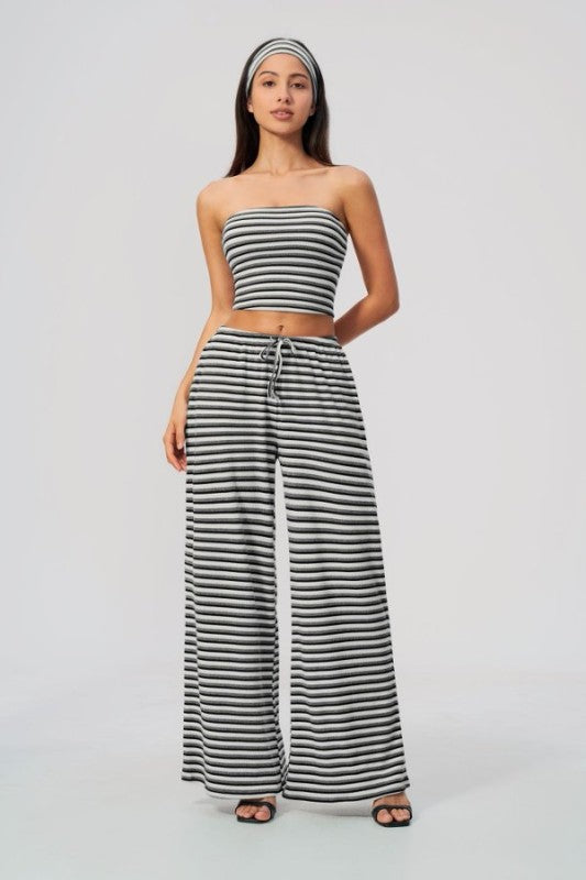 Rib Knit Bandeau Top & Wide Leg Pants Set