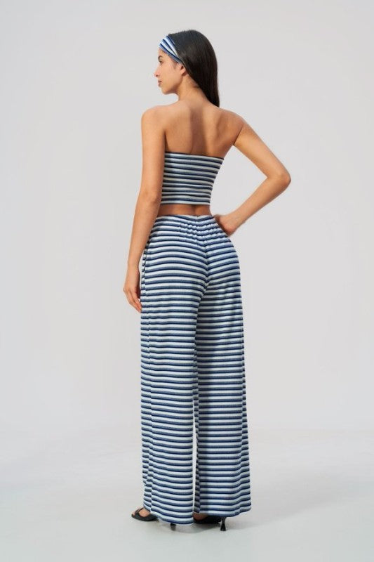 Rib Knit Bandeau Top & Wide Leg Pants Set