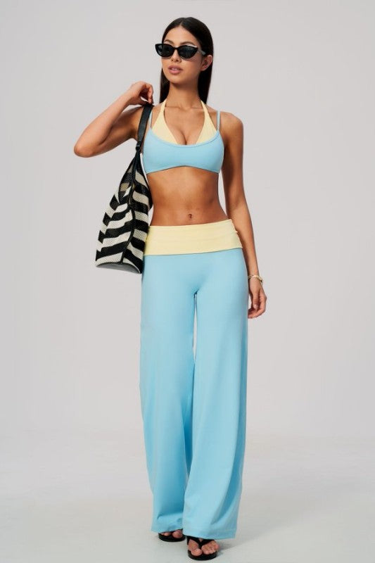 Vibrant Color Block Bra & Wide Leg Pants Set