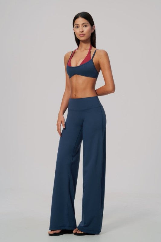 Two Tone Halter Neck Bra & High Waist Wide Leg Pants Set