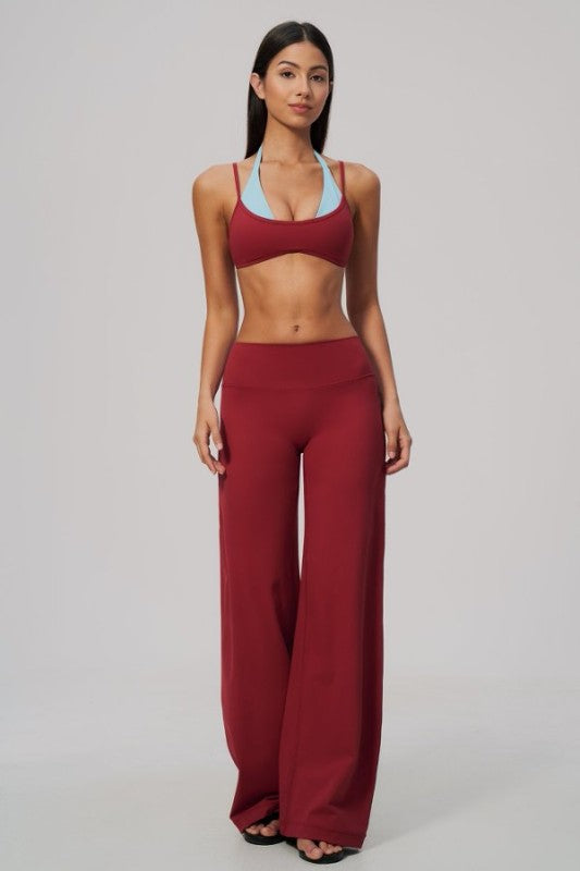 Two Tone Halter Neck Bra & High Waist Wide Leg Pants Set