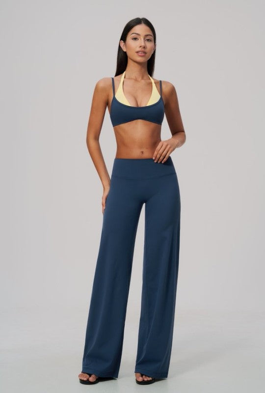 Two Tone Halter Neck Bra & High Waist Wide Leg Pants Set