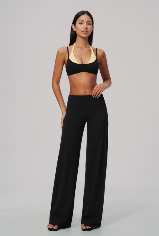 Two Tone Halter Neck Bra & High Waist Wide Leg Pants Set