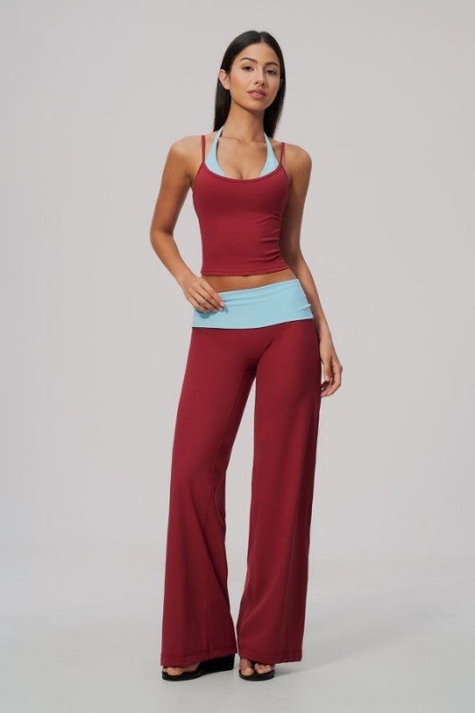 Two Tone Vibrant Halter Tank & Wide Leg Yoga Pants Set
