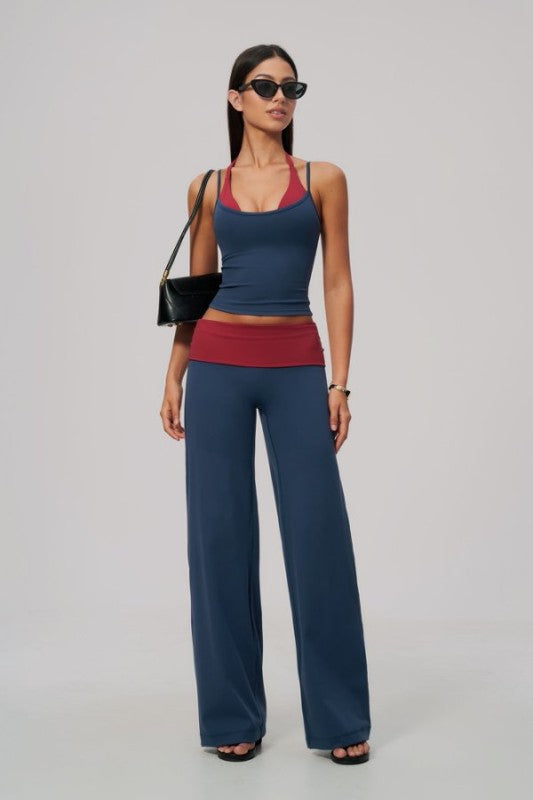 Two Tone Vibrant Halter Tank & Wide Leg Yoga Pants Set