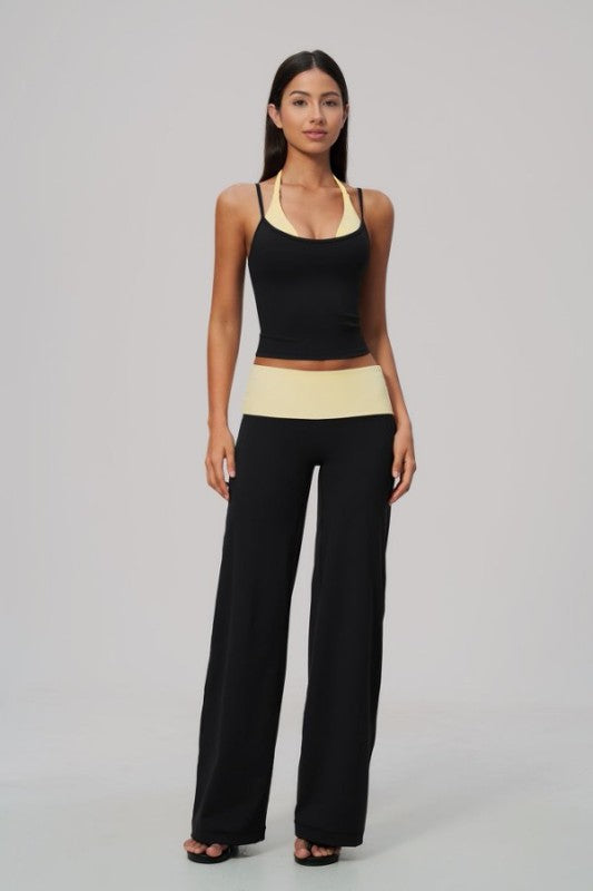 Two Tone Vibrant Halter Tank & Wide Leg Yoga Pants Set