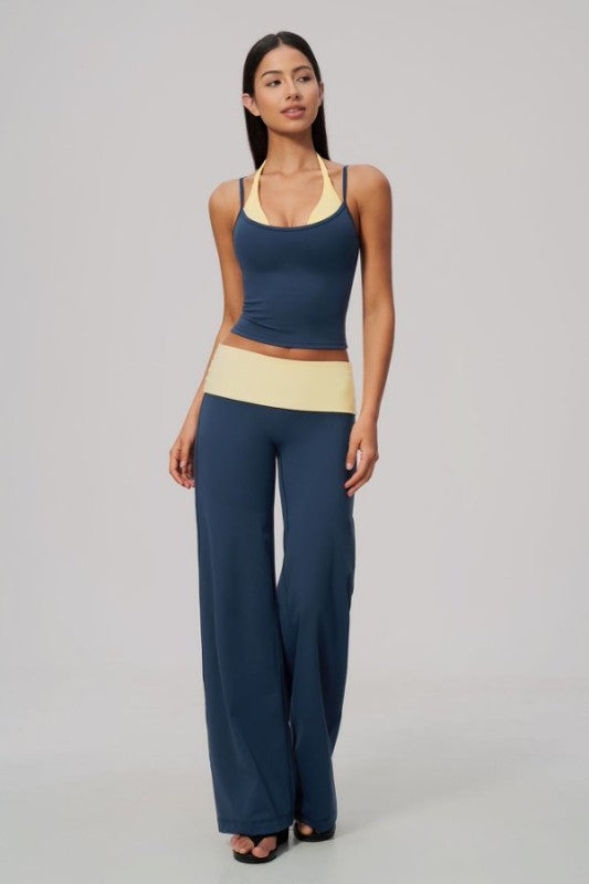 Two Tone Vibrant Halter Tank & Wide Leg Yoga Pants Set