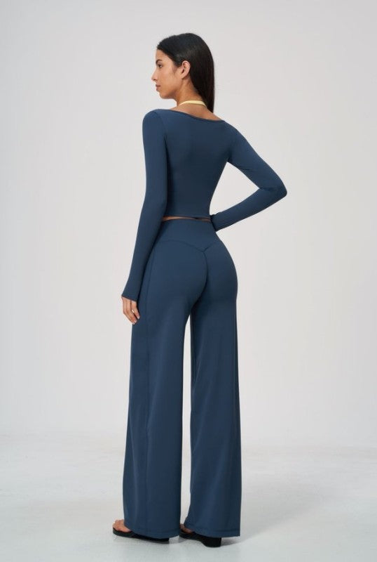Square Neck Long Sleeve Crop Top & Wide Leg Pants Set