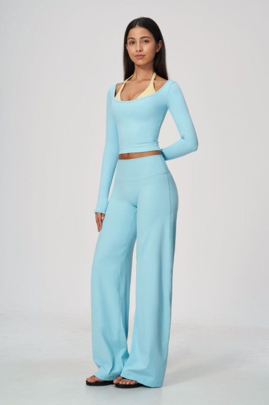 Square Neck Long Sleeve Crop Top & Wide Leg Pants Set