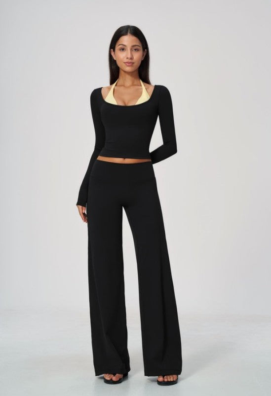 Square Neck Long Sleeve Crop Top & Wide Leg Pants Set
