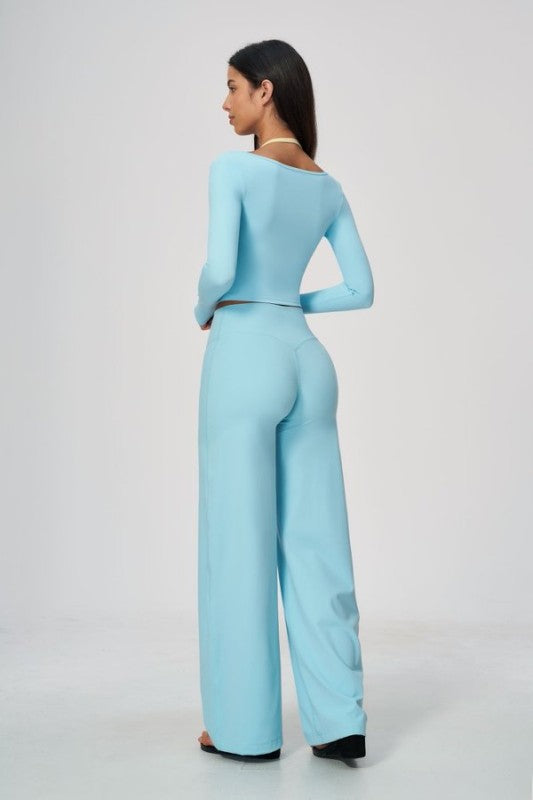 Square Neck Long Sleeve Crop Top & Wide Leg Pants Set