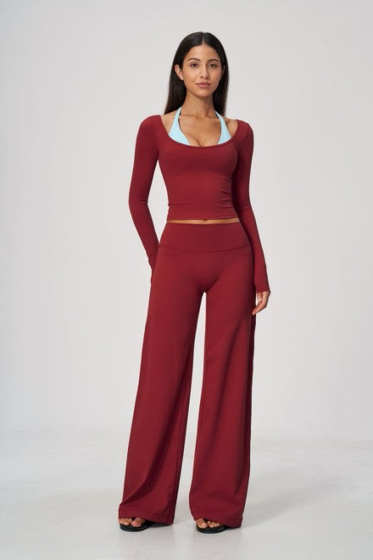 Square Neck Long Sleeve Crop Top & Wide Leg Pants Set
