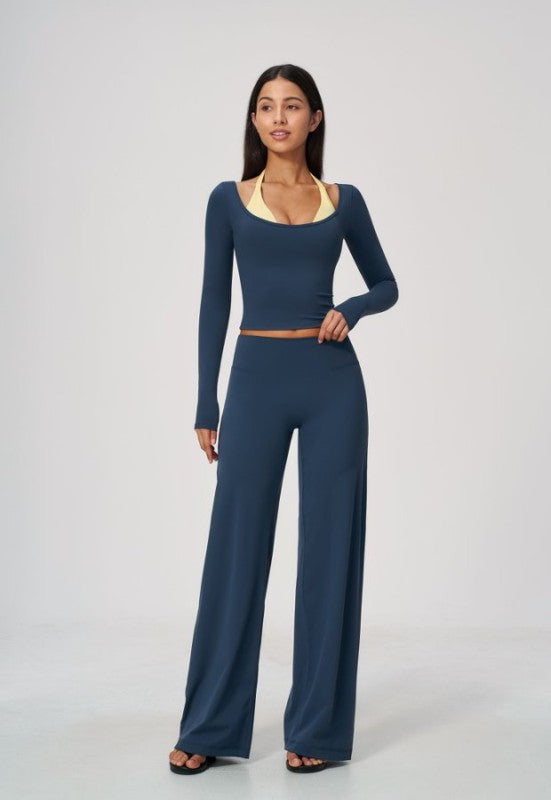Square Neck Long Sleeve Crop Top & Wide Leg Pants Set