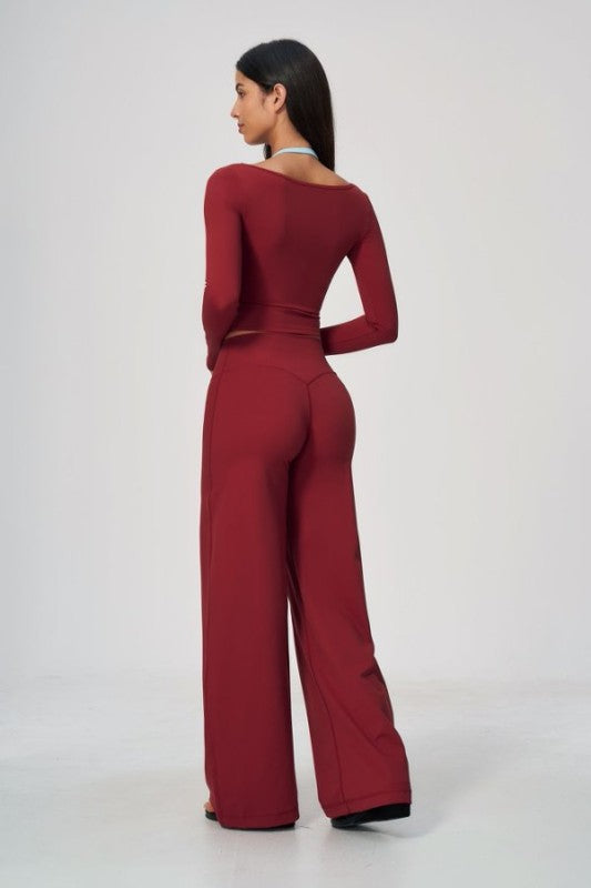 Square Neck Long Sleeve Crop Top & Wide Leg Pants Set