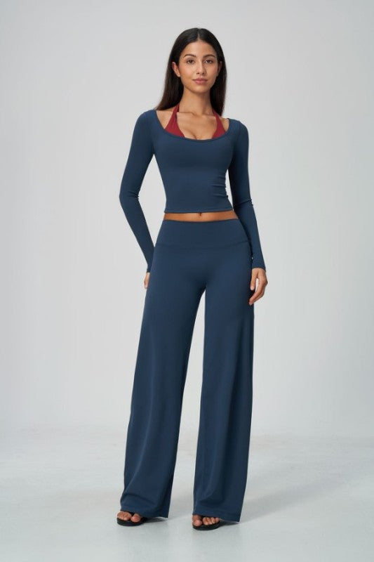 Square Neck Long Sleeve Crop Top & Wide Leg Pants Set