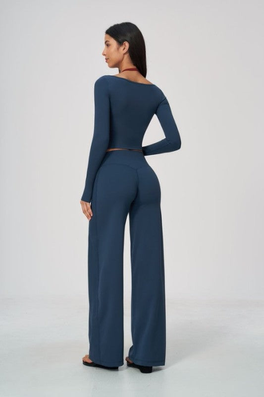 Square Neck Long Sleeve Crop Top & Wide Leg Pants Set