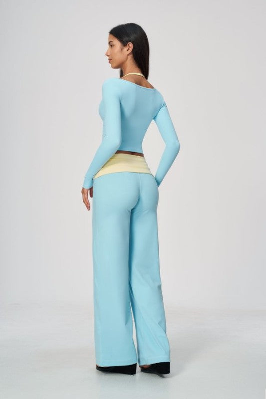 Vibrant Two Tone Scoop Neck Top & Wide Leg Pants Set