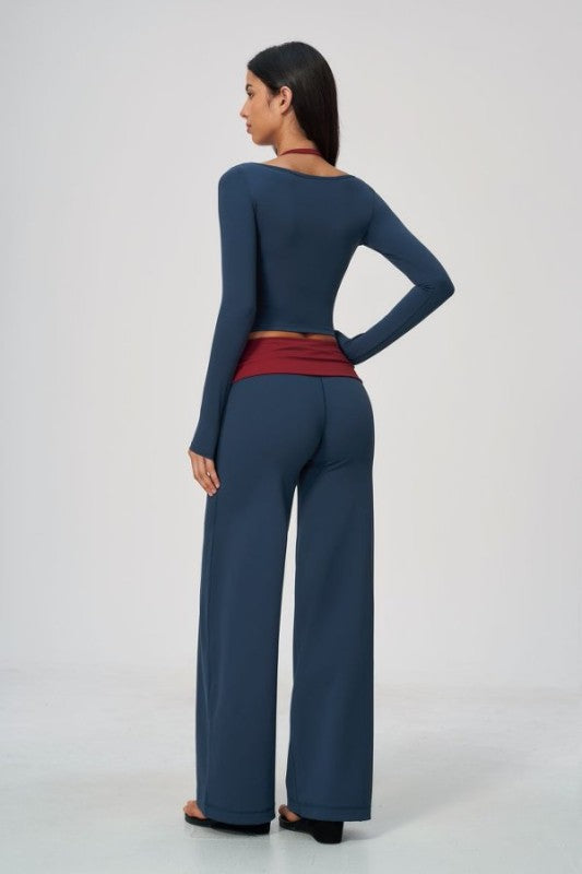 Vibrant Two Tone Scoop Neck Top & Wide Leg Pants Set
