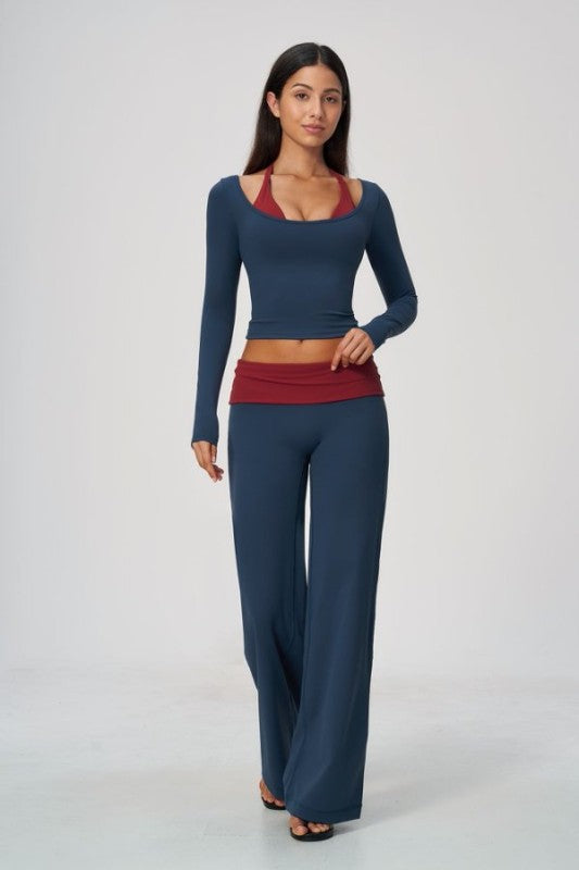 Vibrant Two Tone Scoop Neck Top & Wide Leg Pants Set