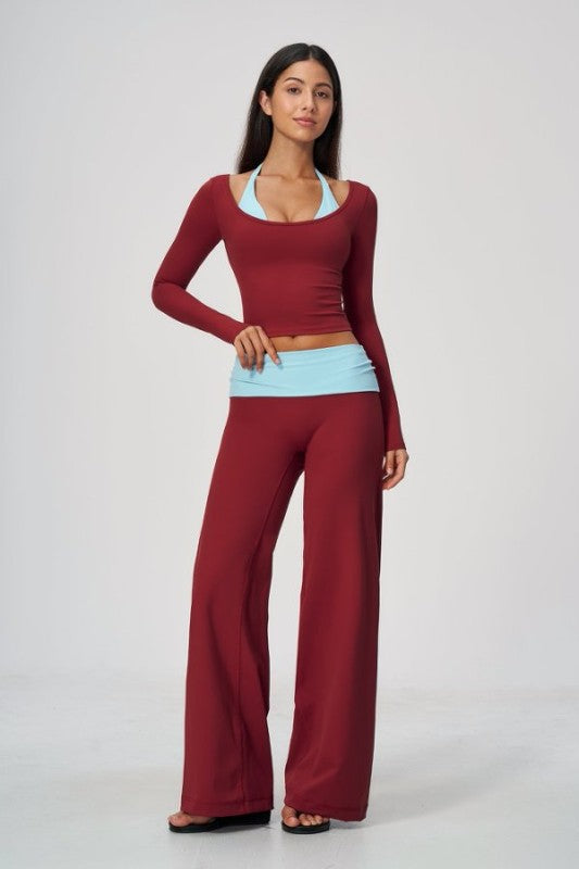 Vibrant Two Tone Scoop Neck Top & Wide Leg Pants Set