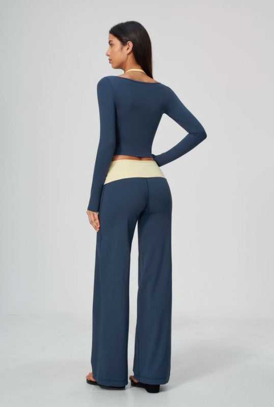 Vibrant Two Tone Scoop Neck Top & Wide Leg Pants Set