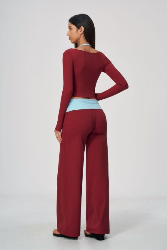 Vibrant Two Tone Scoop Neck Top & Wide Leg Pants Set