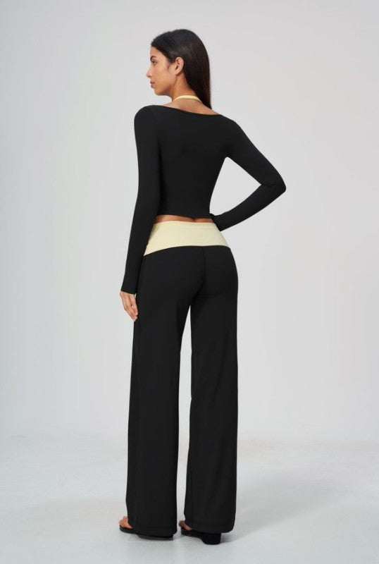 Vibrant Two Tone Scoop Neck Top & Wide Leg Pants Set