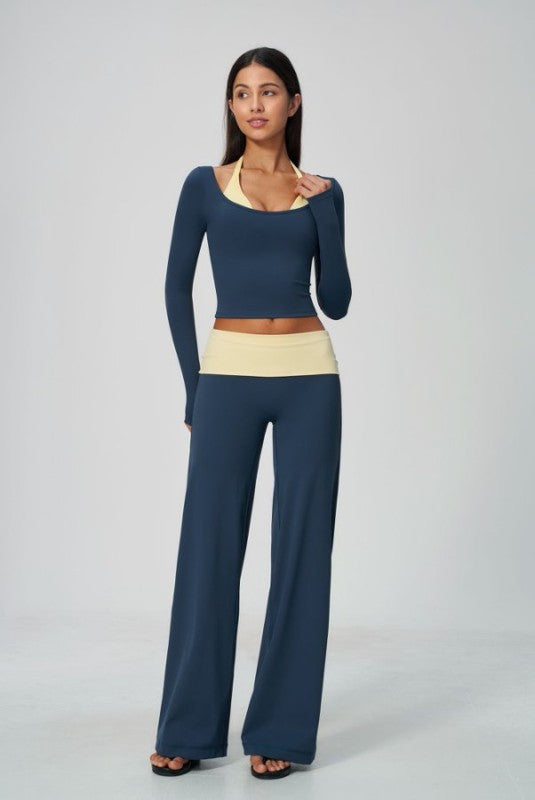 Vibrant Two Tone Scoop Neck Top & Wide Leg Pants Set