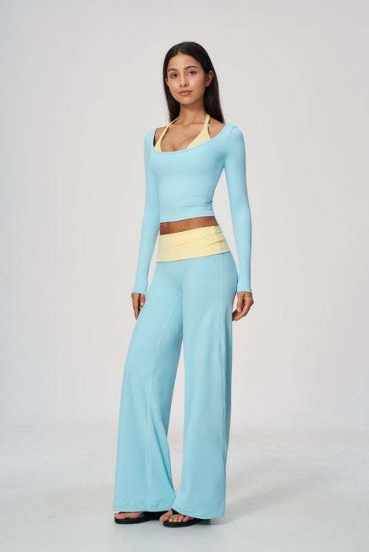 Vibrant Two Tone Scoop Neck Top & Wide Leg Pants Set