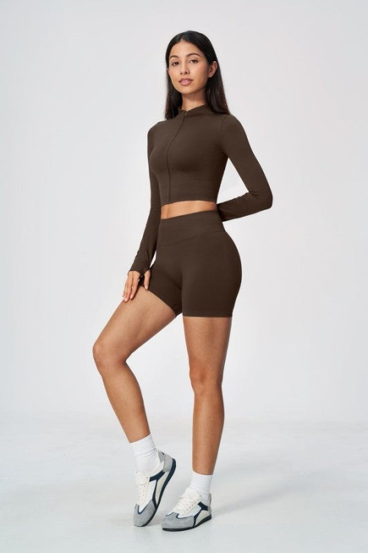 Long Sleeve Zip Up Crop Top & High Waist Shorts Set