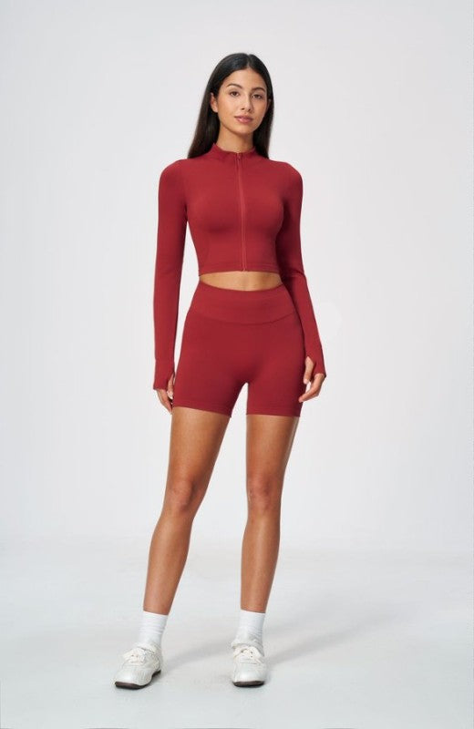 Long Sleeve Zip Up Crop Top & High Waist Shorts Set