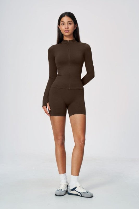 Sporty Zip Up Top & High Waist Shorts Set