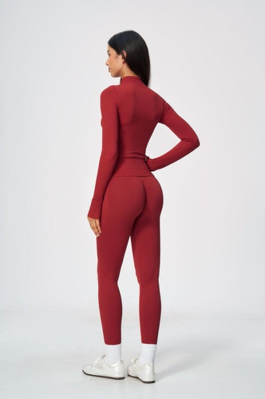 Sporty Mock Neck Zip Jacket & High Waist Leggings Set