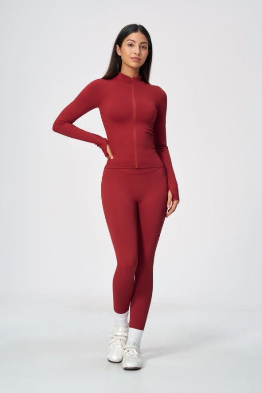 Sporty Mock Neck Zip Jacket & High Waist Leggings Set