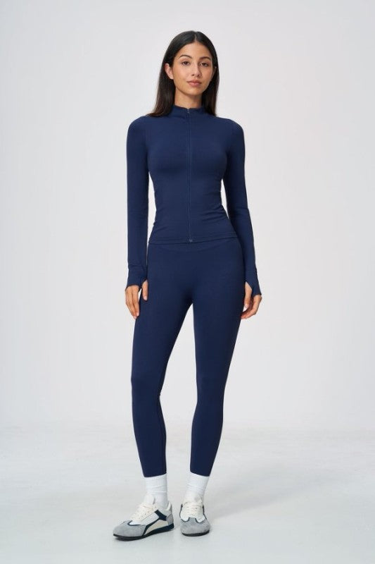 Sporty Mock Neck Zip Jacket & High Waist Leggings Set