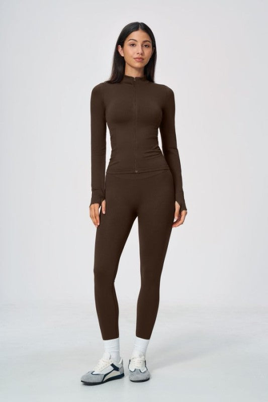 Sporty Mock Neck Zip Jacket & High Waist Leggings Set