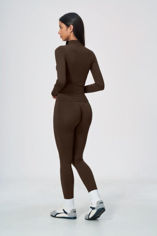 Sporty Mock Neck Zip Jacket & High Waist Leggings Set