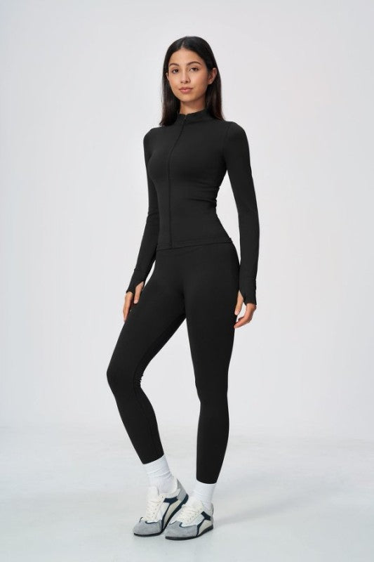 Sporty Mock Neck Zip Jacket & High Waist Leggings Set