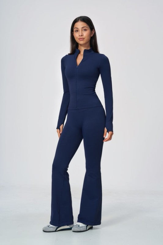 Fitted Zip Up Jacket & High Waist Flared Leggings Set