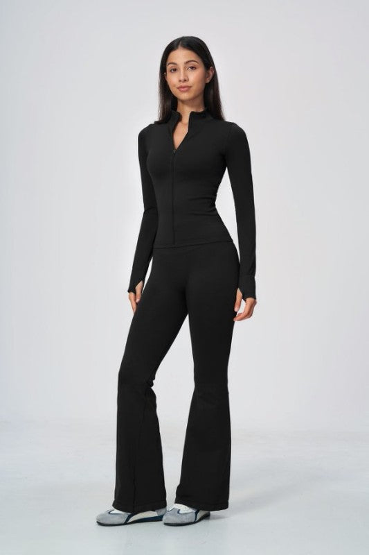 Fitted Zip Up Jacket & High Waist Flared Leggings Set