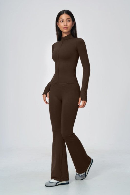Fitted Zip Up Jacket & High Waist Flared Leggings Set