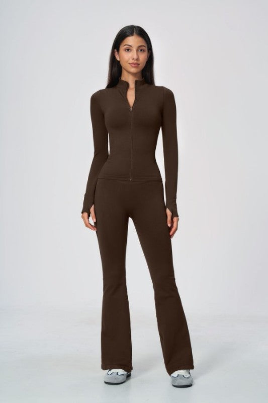 Fitted Zip Up Jacket & High Waist Flared Leggings Set