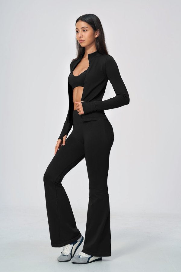 Sporty Bra& High Waisted Flare Pants with Crop Jacket Set