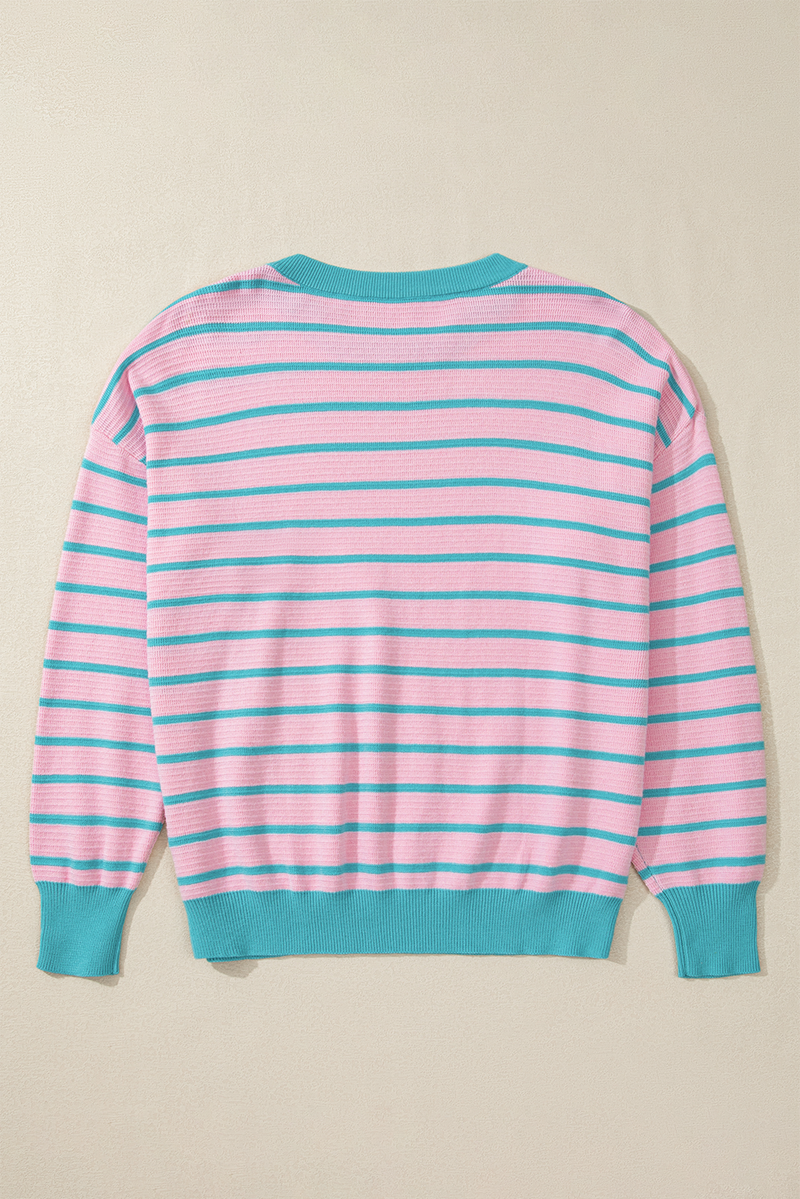 Pink Stripe Trimmed Round Neck Drop Shoulder Loose Sweater