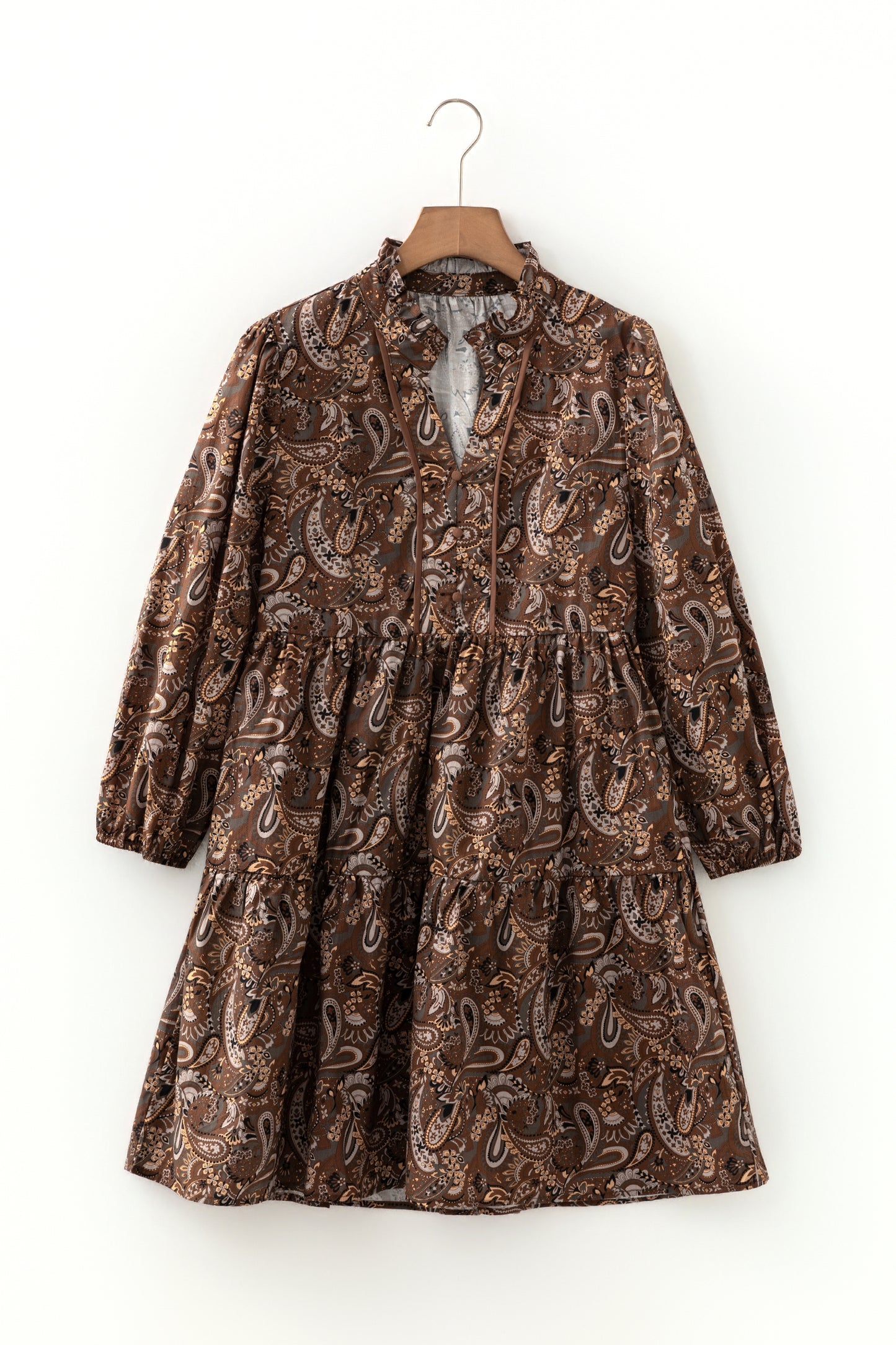 Brown Paisley Print Half Buttons Puff Sleeve Flowy Short Dress