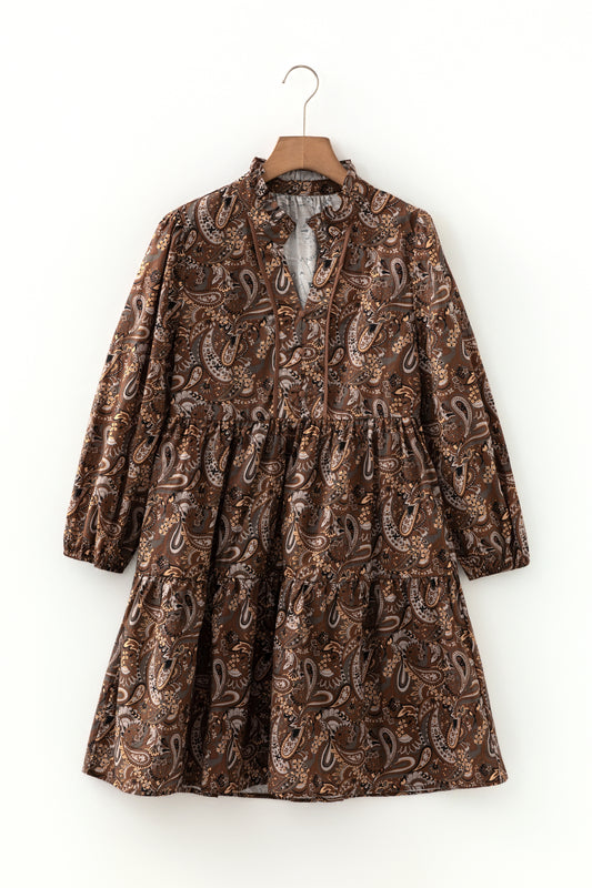 Brown Paisley Print Half Buttons Puff Sleeve Flowy Short Dress