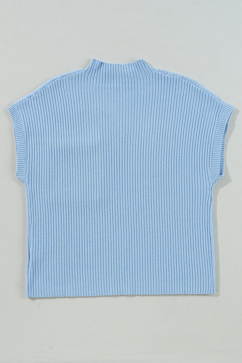 Beau Blue Patch Pocket Ribbed Knit Short Sleeve Sweater